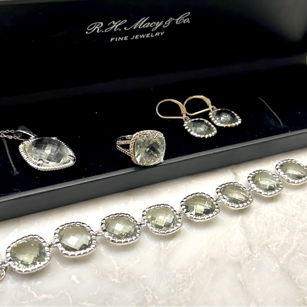 Mint Green Quartz Set: Necklace Bracelet Earrings Ring 925 Sterling Silver NEW